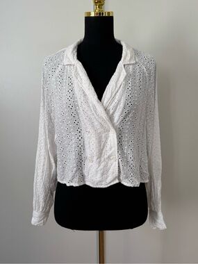 Forever 21 White Double Button-Front Summer Eyelet Blouse